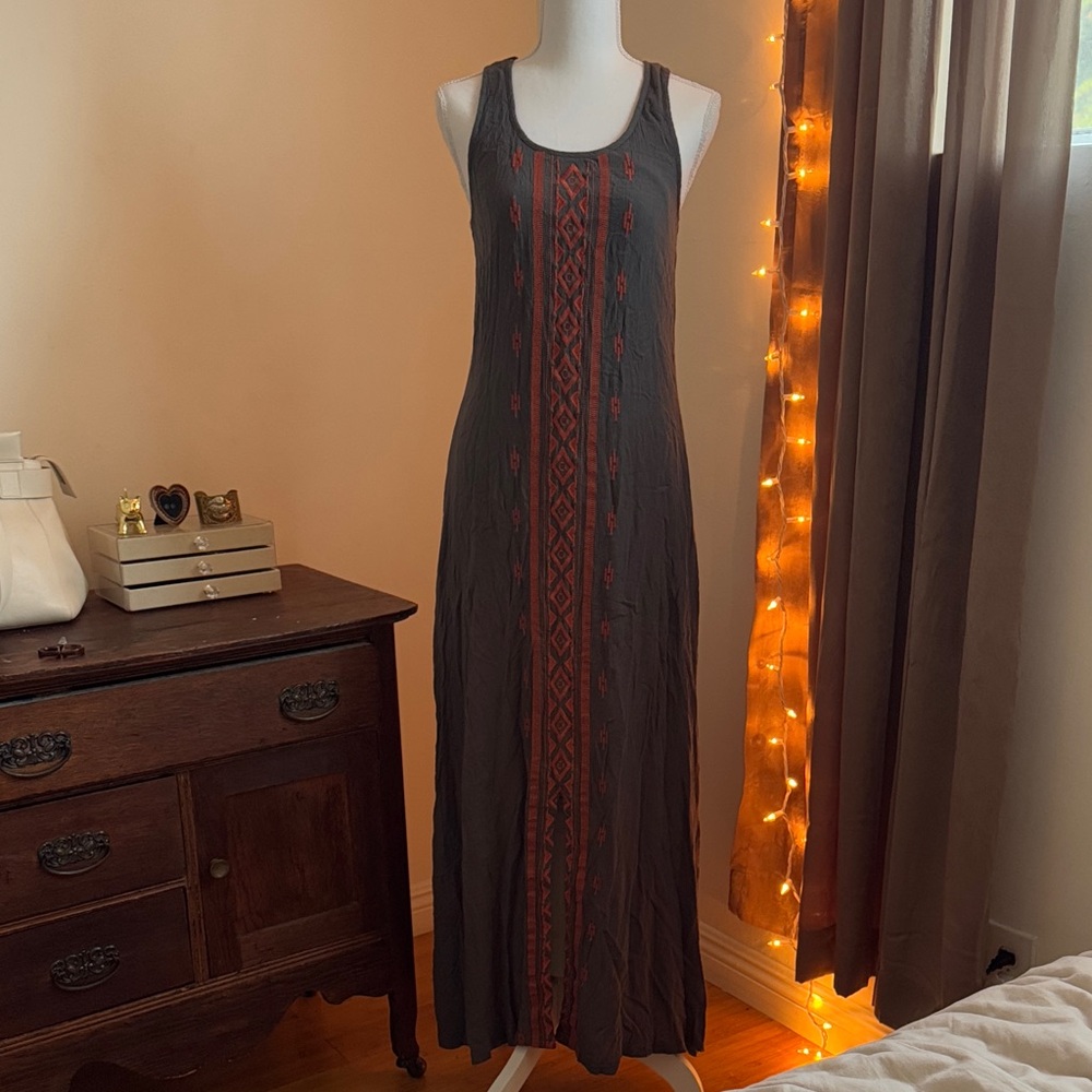 Solitaire Embroidered Gray Maxi Dress Small | Boho Western Cowgirl